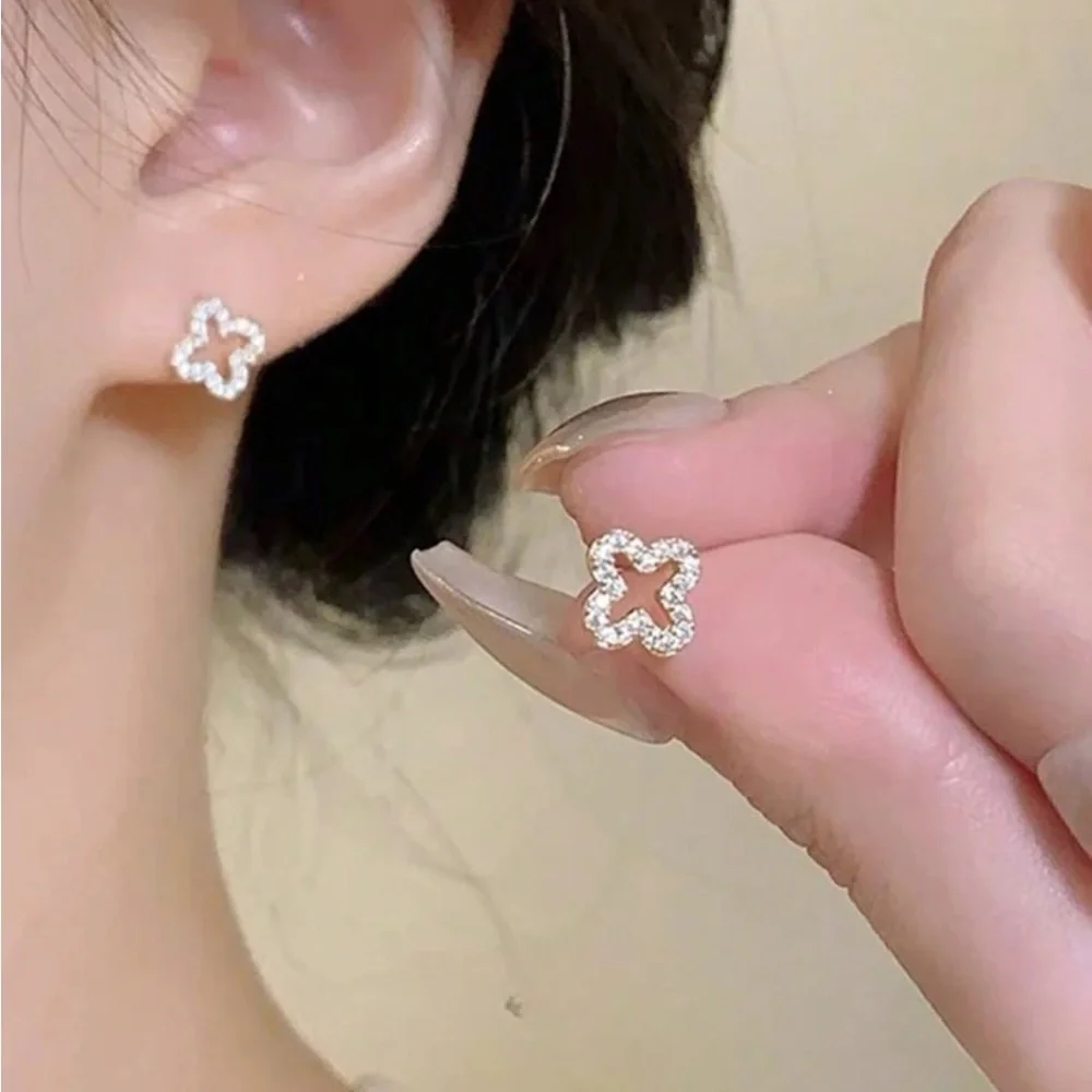 Silver Floral Stud Earrings with Gemstone Accents
